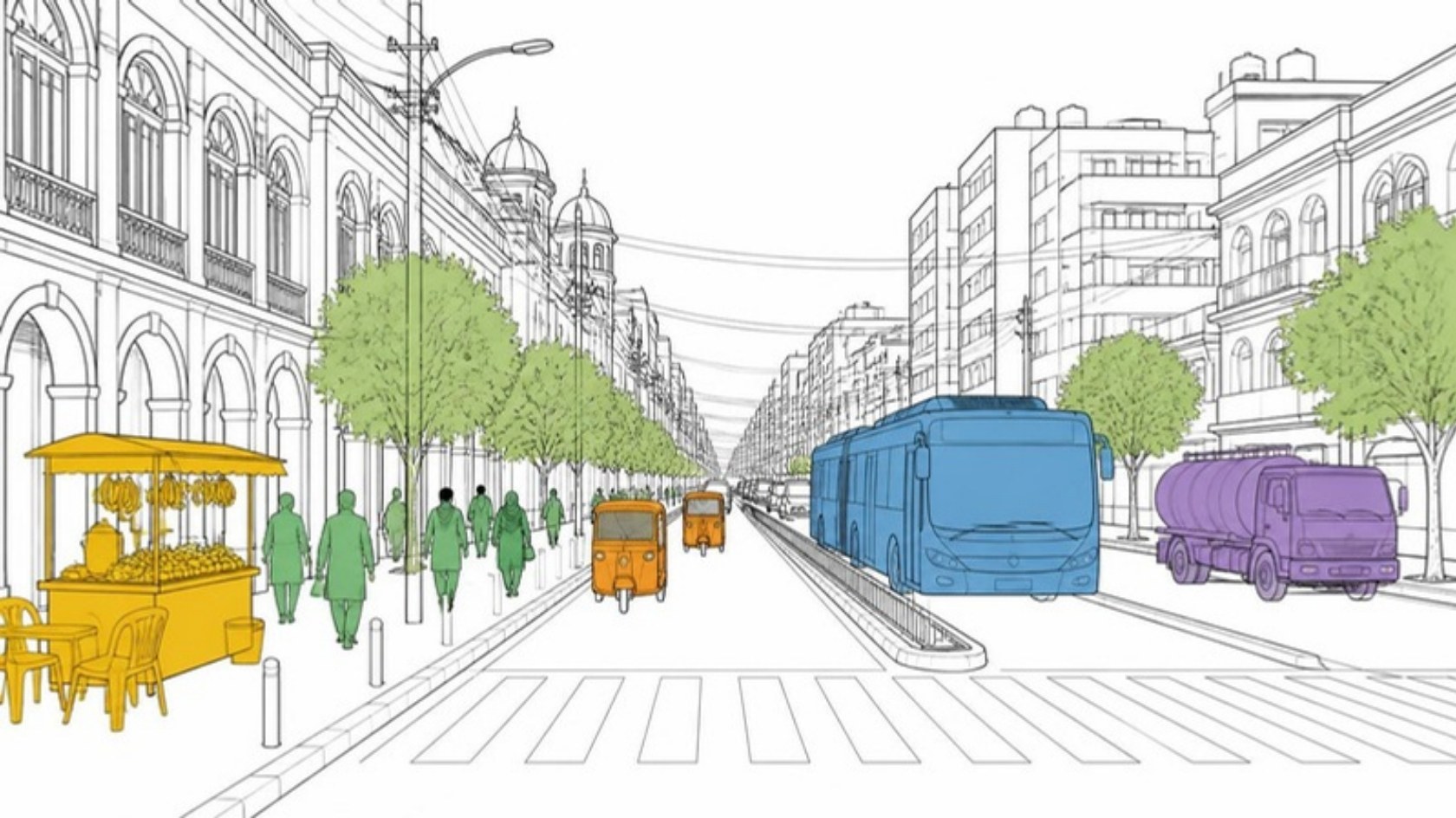 Line drawing of a street in Saddar, Karachi. People on the footpath, a Green Line bus in its own lane, two auto rickshaws, a fruit and chai stall and a water tanker are picked out in colour.